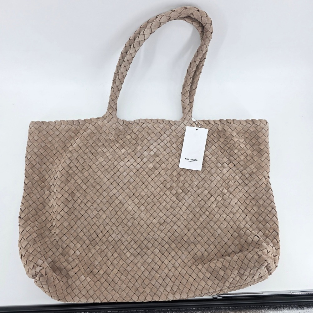 Milaner Travel Elena Tote Womens Handbag Taupe Suede Woven Luxury New